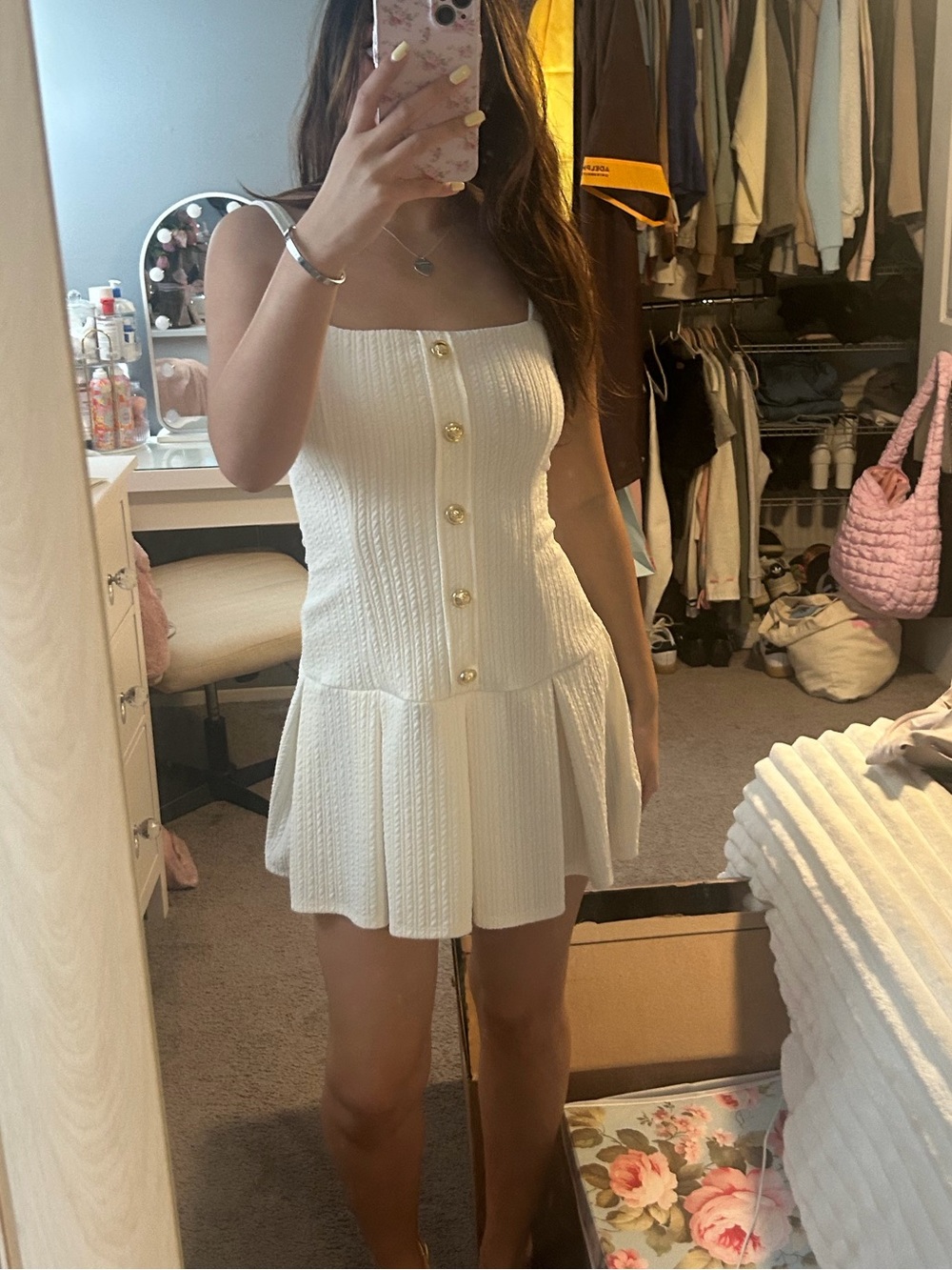 White Button-Front Knit Mini Dress